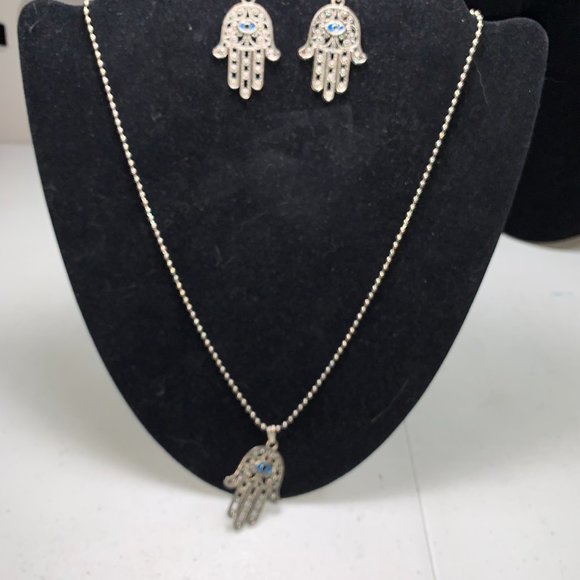 28" Ball Chain Necklace with Hamsa Pendant and Matching earrings, set - Picture 2 of 10